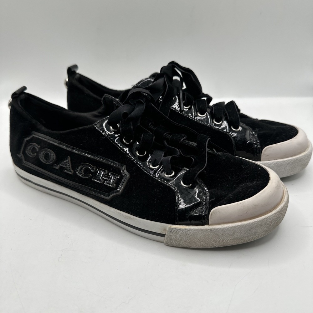 Coach Fabiana Velvet Sneakers Black Velour Ribbon Laces Shiny Trim Sz 6